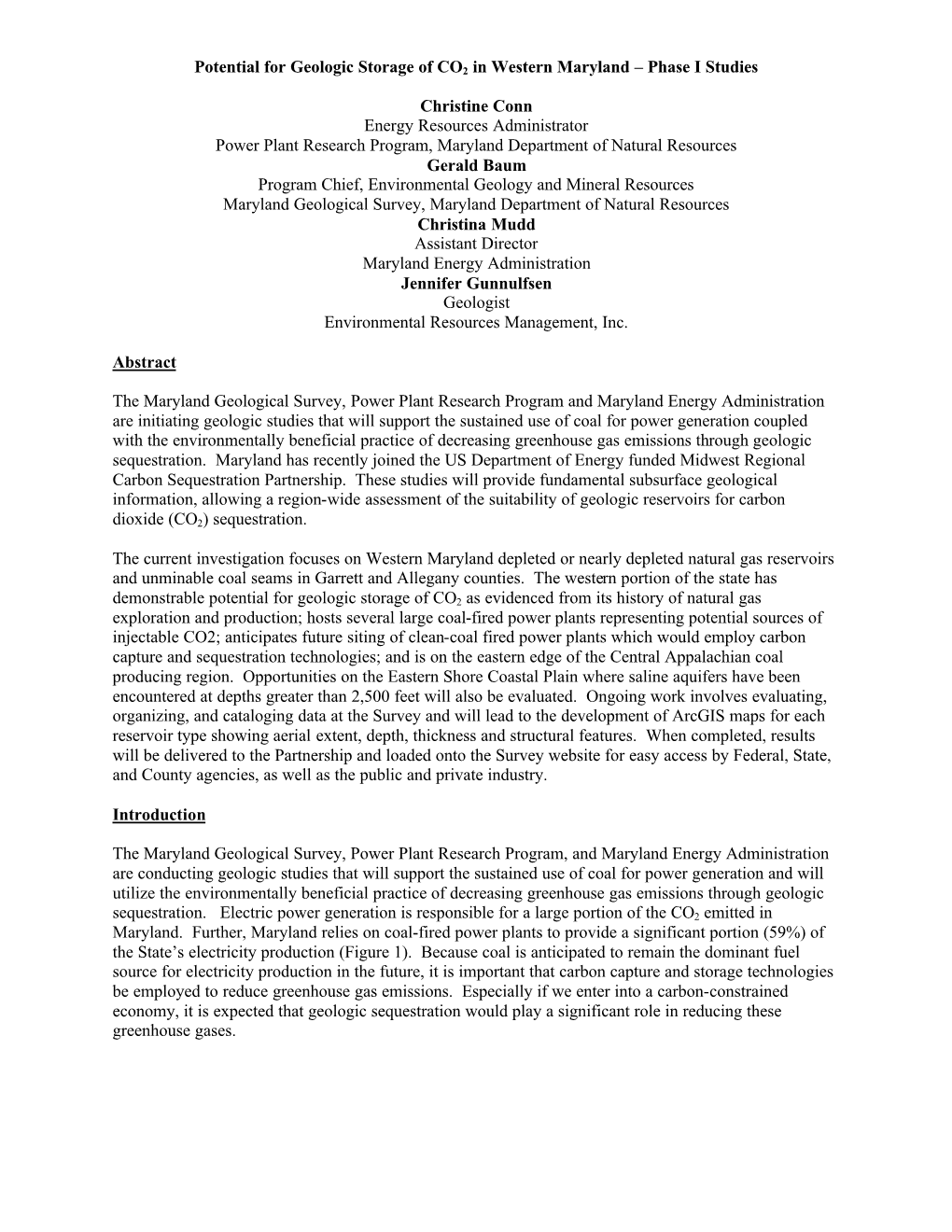 Potential for Geologic Storage of CO2 in Western Maryland – Phase I Studies