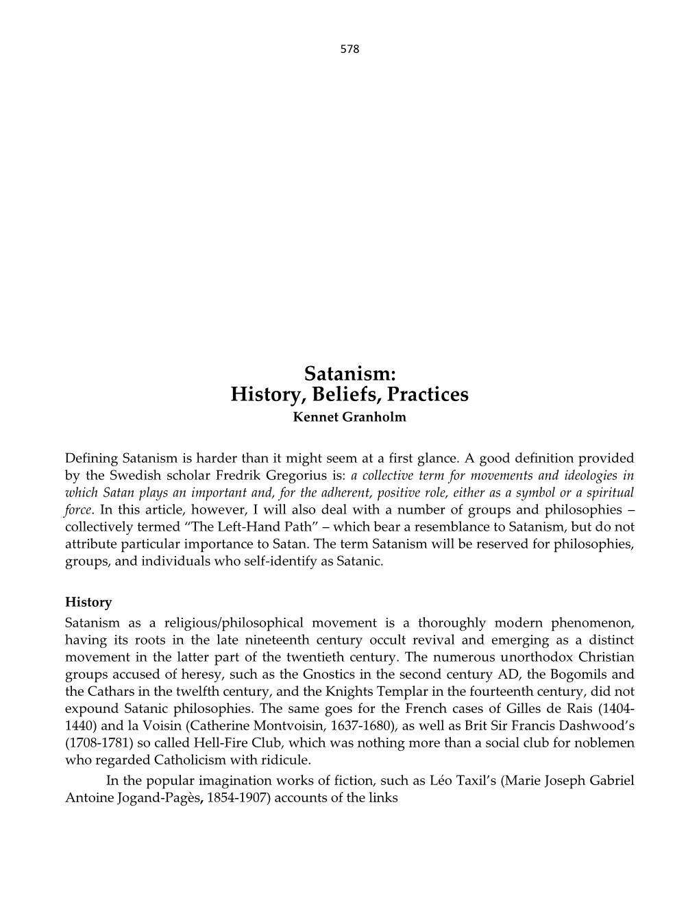 Satanism: History, Beliefs, Practices Kennet Granholm