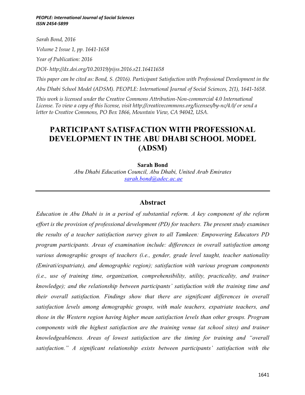 Participant Satisfaction with Professional Development in the Abu Dhabi School Model (ADSM)