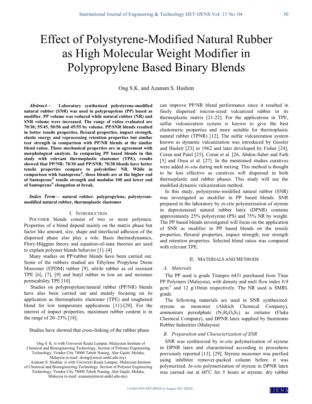 Effect of Polystyrene-Modified Natural Rubber As High Molecular Weight Modifier in Polypropylene Based Binary Blends