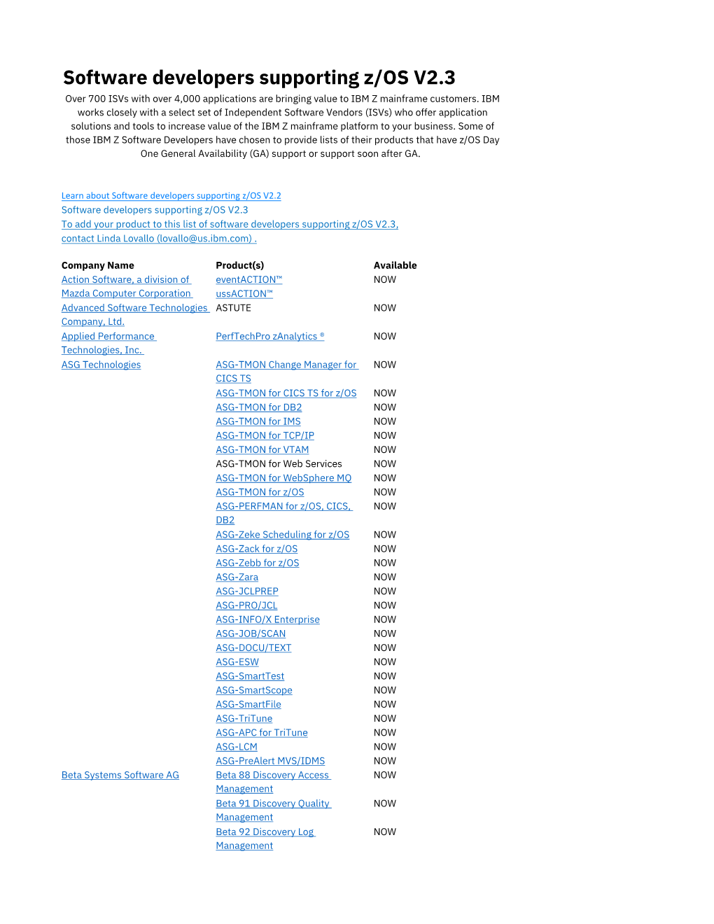 Software Developers Supporting Z/OS V2.3 Over 700 Isvs with Over 4,000 Applications Are Bringing Value to IBM Z Mainframe Customers