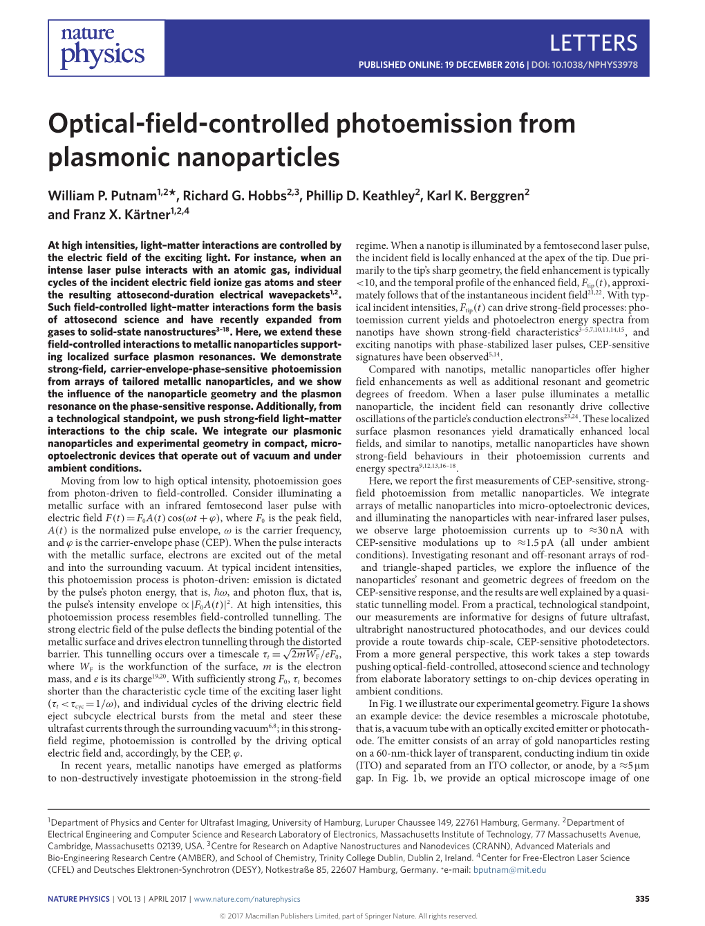 Optical-Field-Controlled Photoemission from Plasmonic Nanoparticles