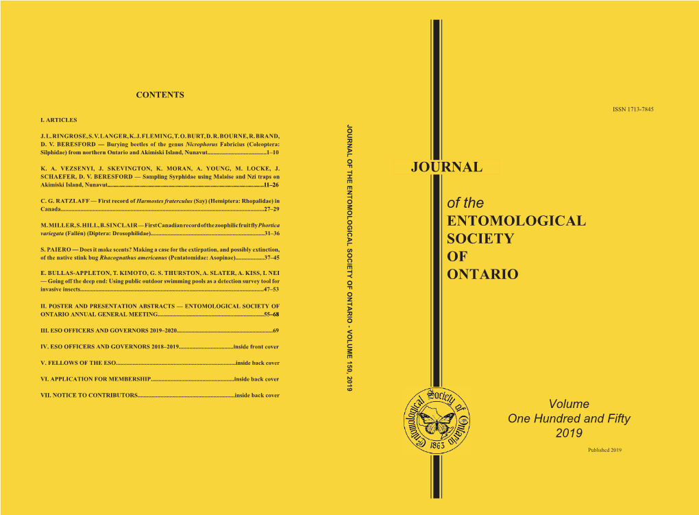 Journal of the Entomological Society of Ontario - Volume 150, 2019 150, Volume - Ontario of Society Journal of the Entomological