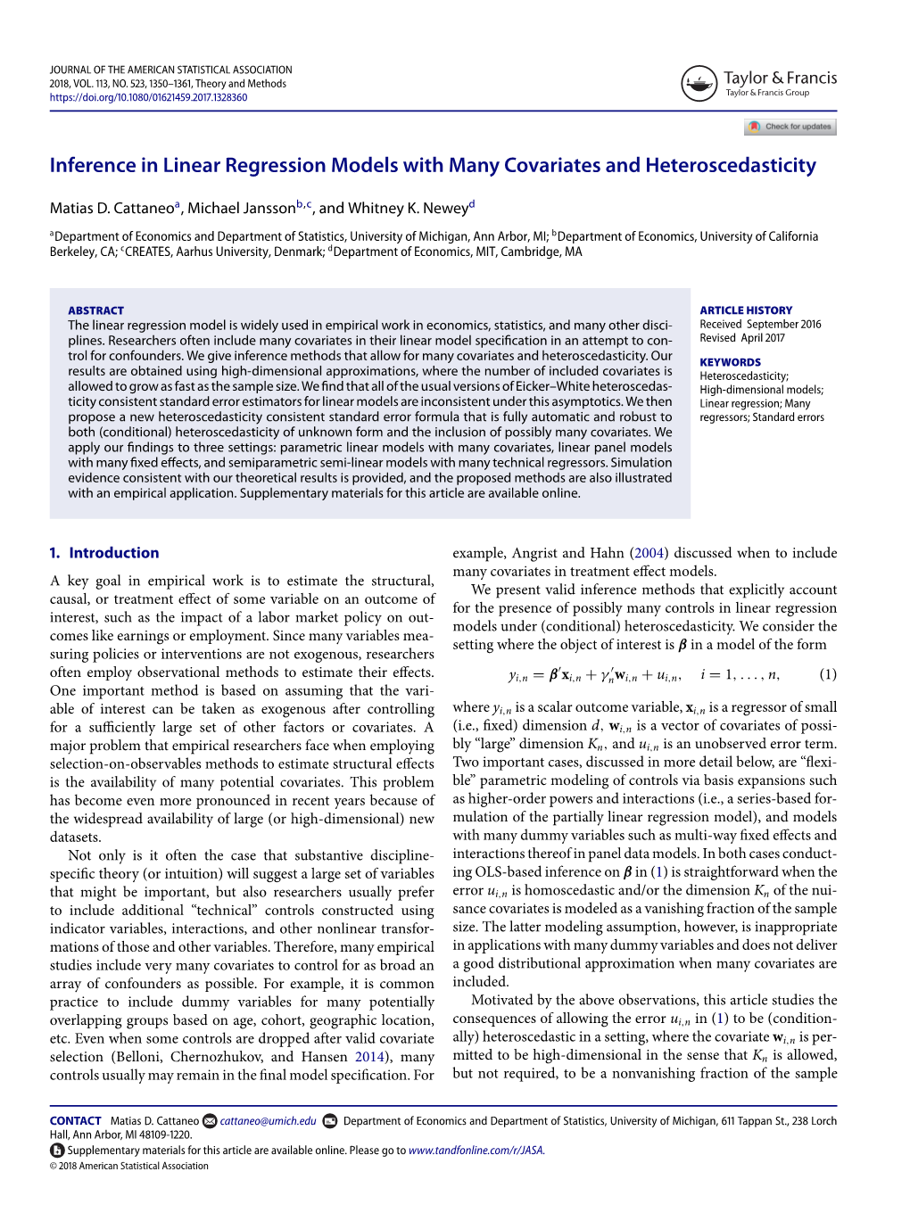 Inference in Linear Regression Models with Many Covariates and Heteroscedasticity