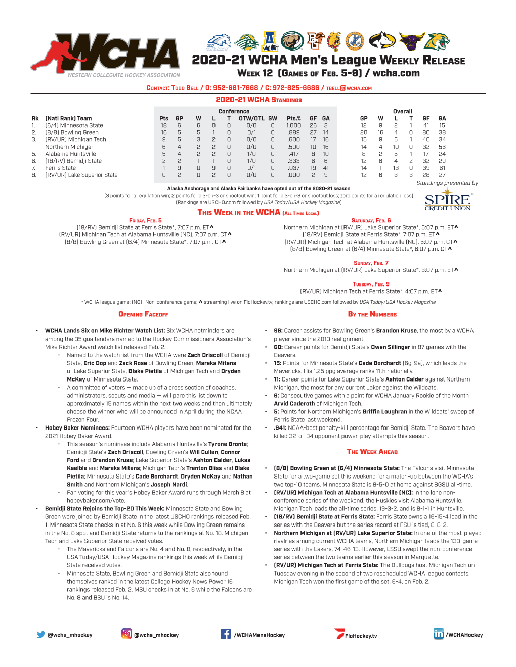 2020-21 WCHA Men's League WEEKLY RELEASE WEEK 12 (GAMES of FEB