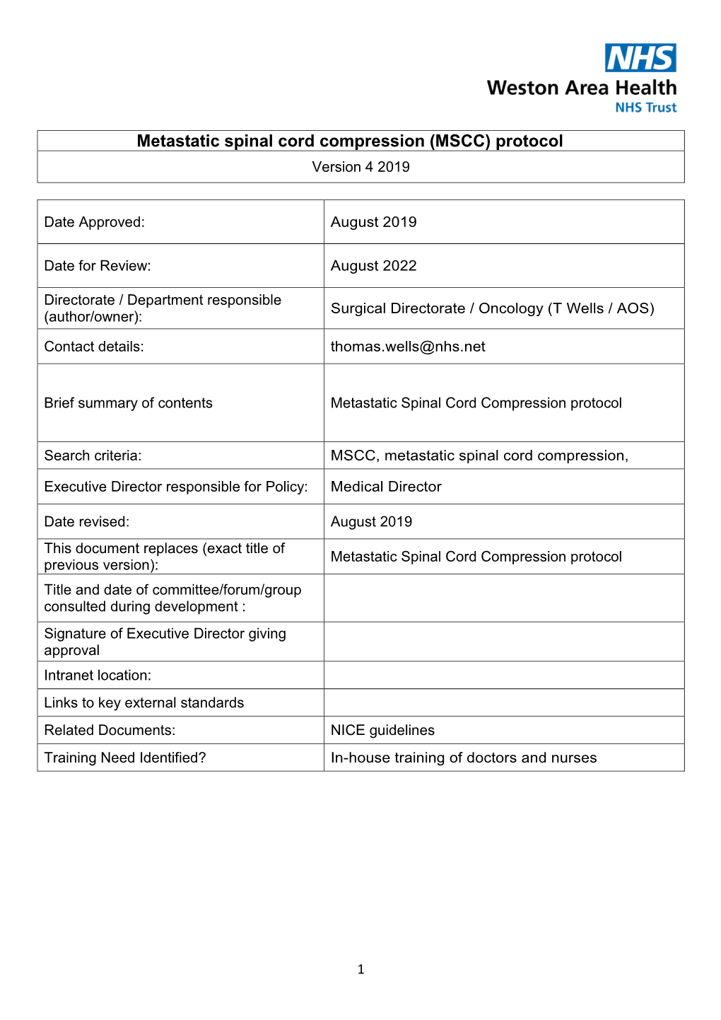 Metastatic Spinal Cord Compression (MSCC) Protocol Version 4 2019