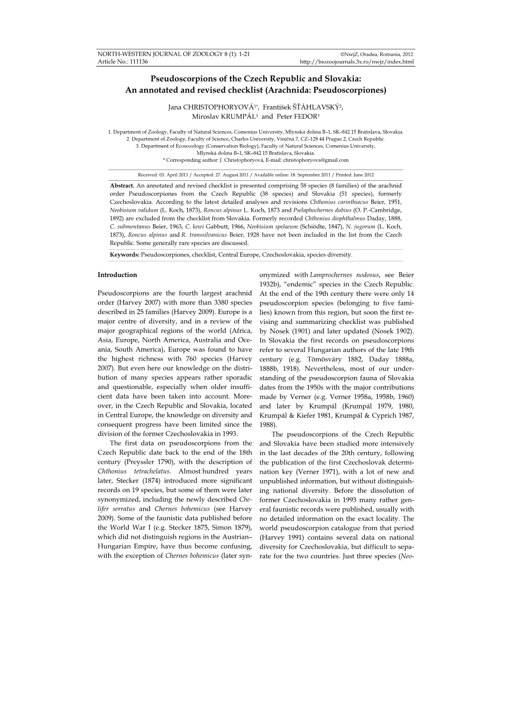 Pseudoscorpions of the Czech Republic and Slovakia: an Annotated and Revised Checklist (Arachnida: Pseudoscorpiones)