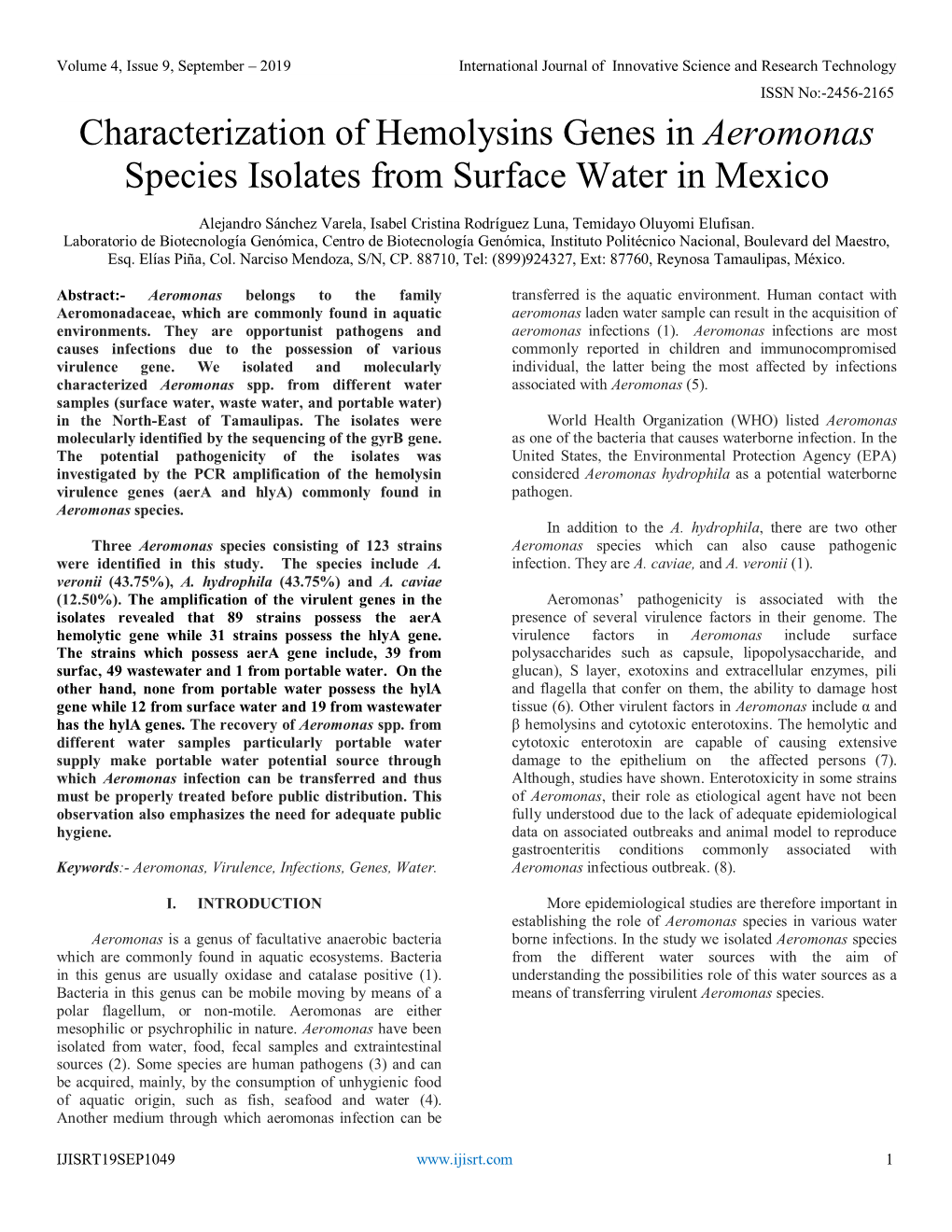 Characterization of Hemolysins Genes in Aeromonas Species Isolates from Surface Water in Mexico