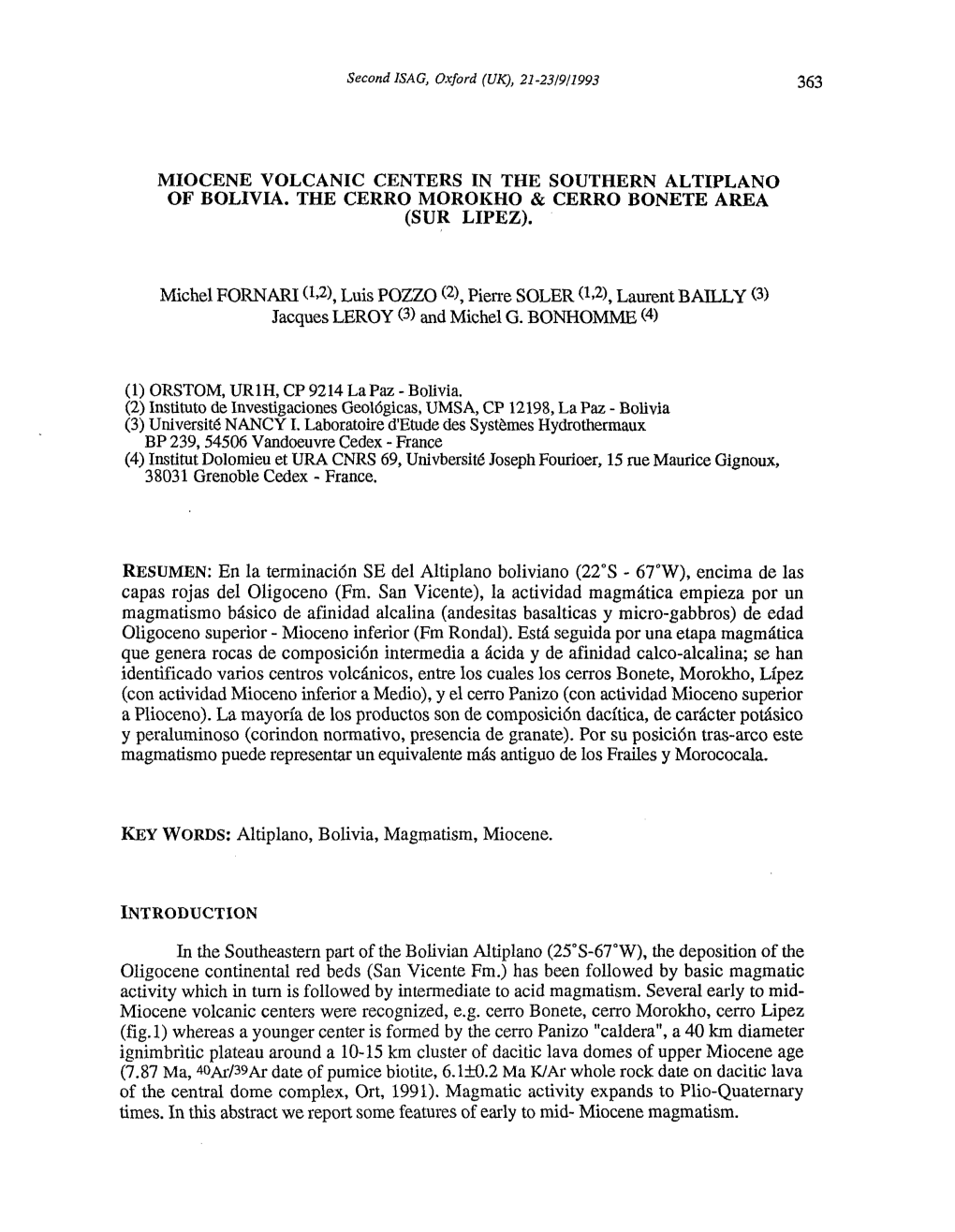 Miocene Volcanic Centers in the Southern Altiplano of Bolivia : the Cerro Morokho and Cerro Bonete Area (Sur Lipez)