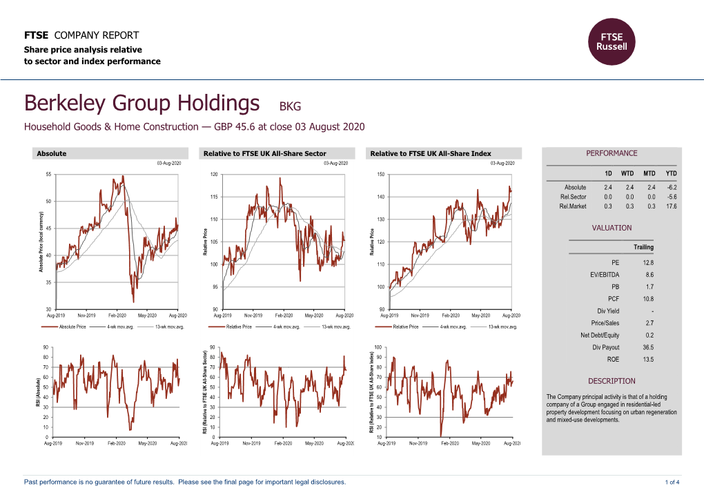 Berkeley Group Holdings BKG Household Goods & Home Construction — GBP 45.6 at Close 03 August 2020