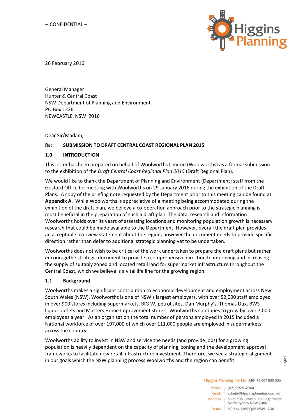 CONFIDENTIAL -- 26 February 2016 General Manager Hunter & Central Coast NSW Department of Planning and Environment PO