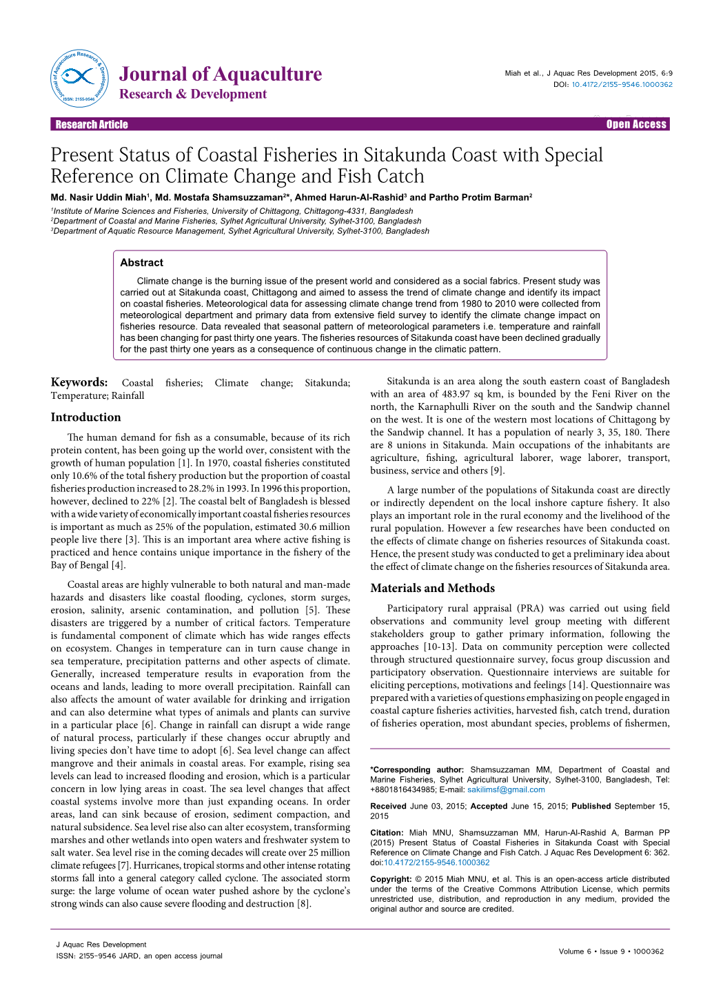 Present Status of Coastal Fisheries in Sitakunda Coast with Special Reference on Climate Change and Fish Catch Md