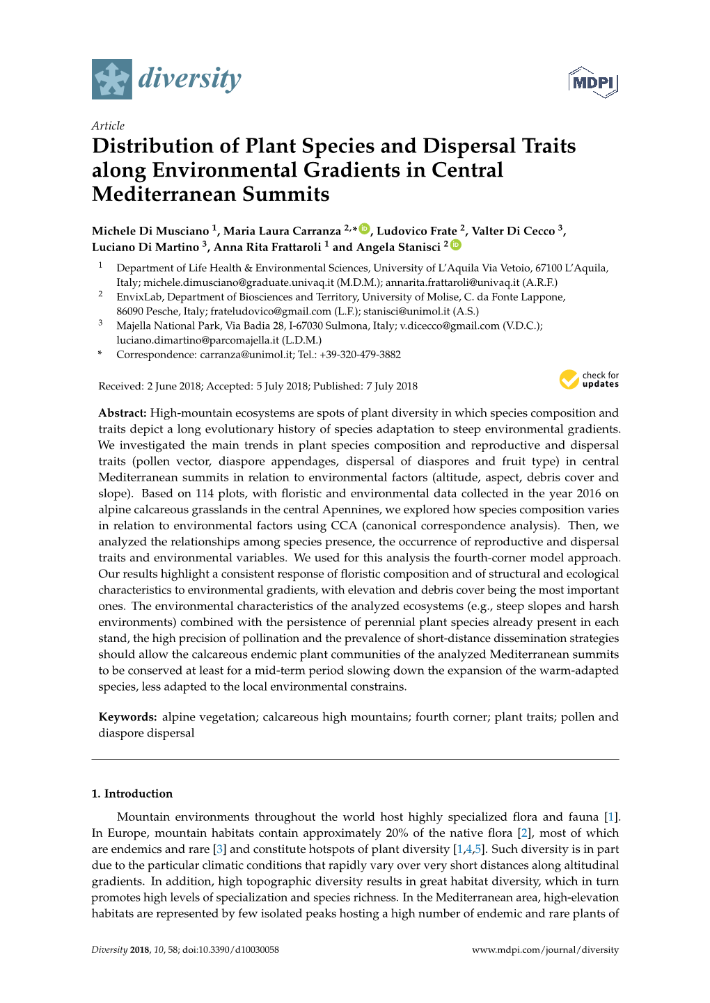 Distribution of Plant Species and Dispersal Traits Along Environmental Gradients in Central Mediterranean Summits