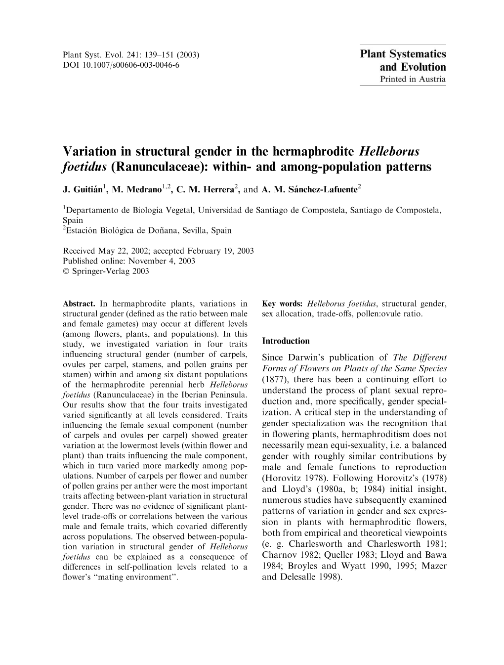 Variation in Structural Gender in the Hermaphrodite Helleborus Foetidus (Ranunculaceae): Within- and Among-Population Patterns