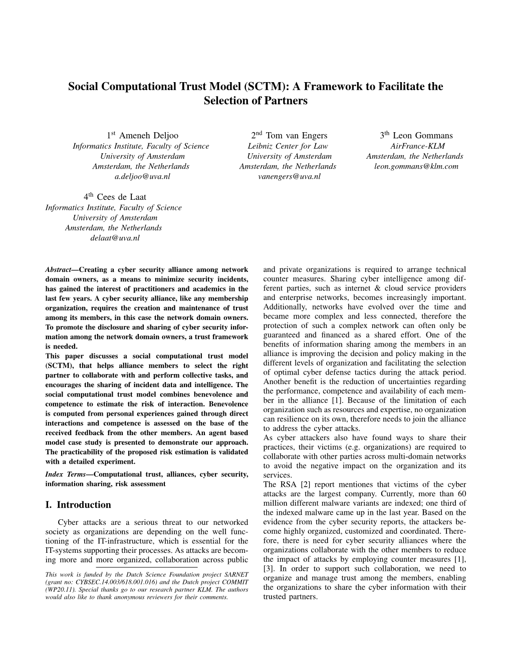 Social Computational Trust Model (SCTM): a Framework to Facilitate the Selection of Partners