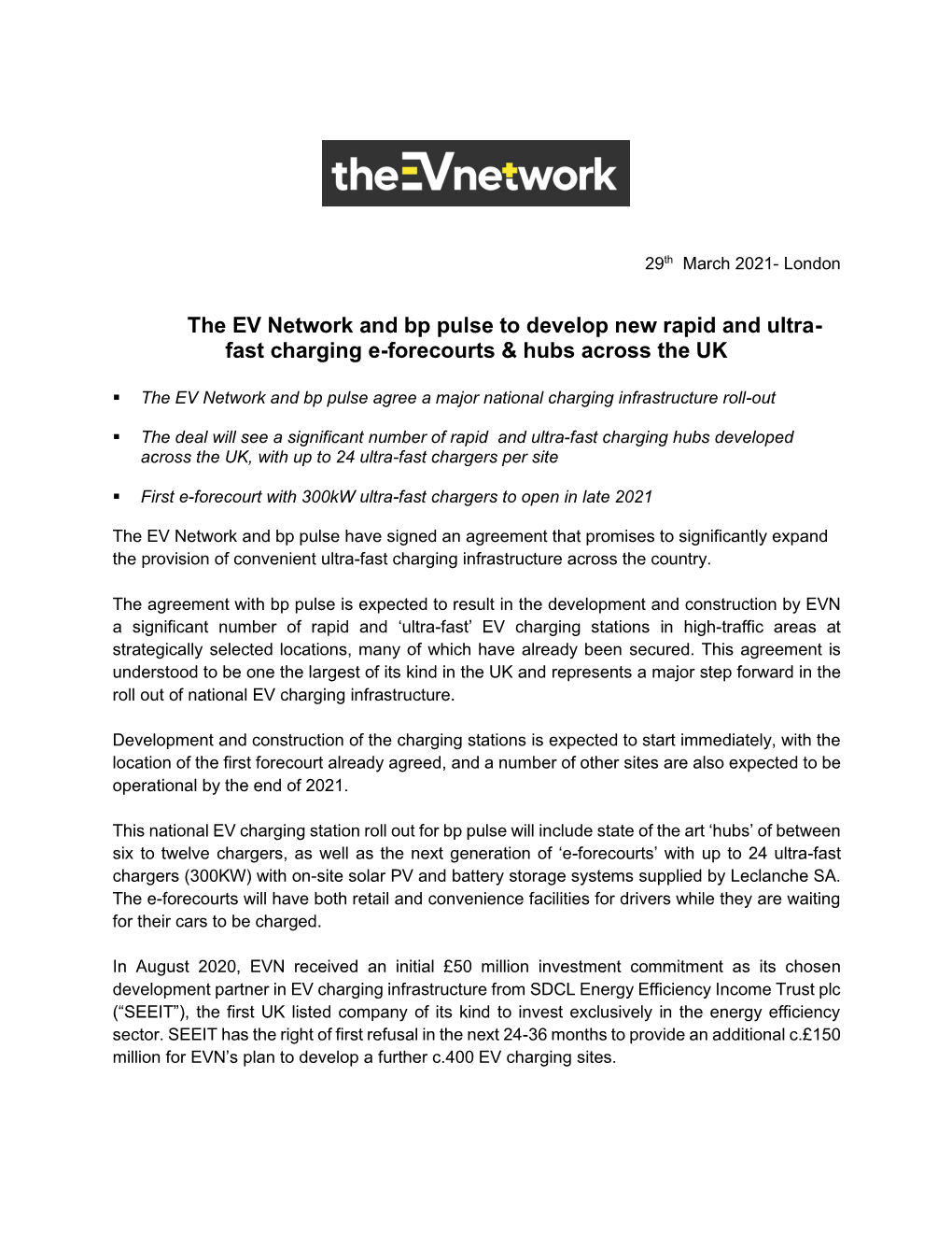 The EV Network and Bp Pulse to Develop New Rapid and Ultra- Fast Charging E-Forecourts & Hubs Across the UK