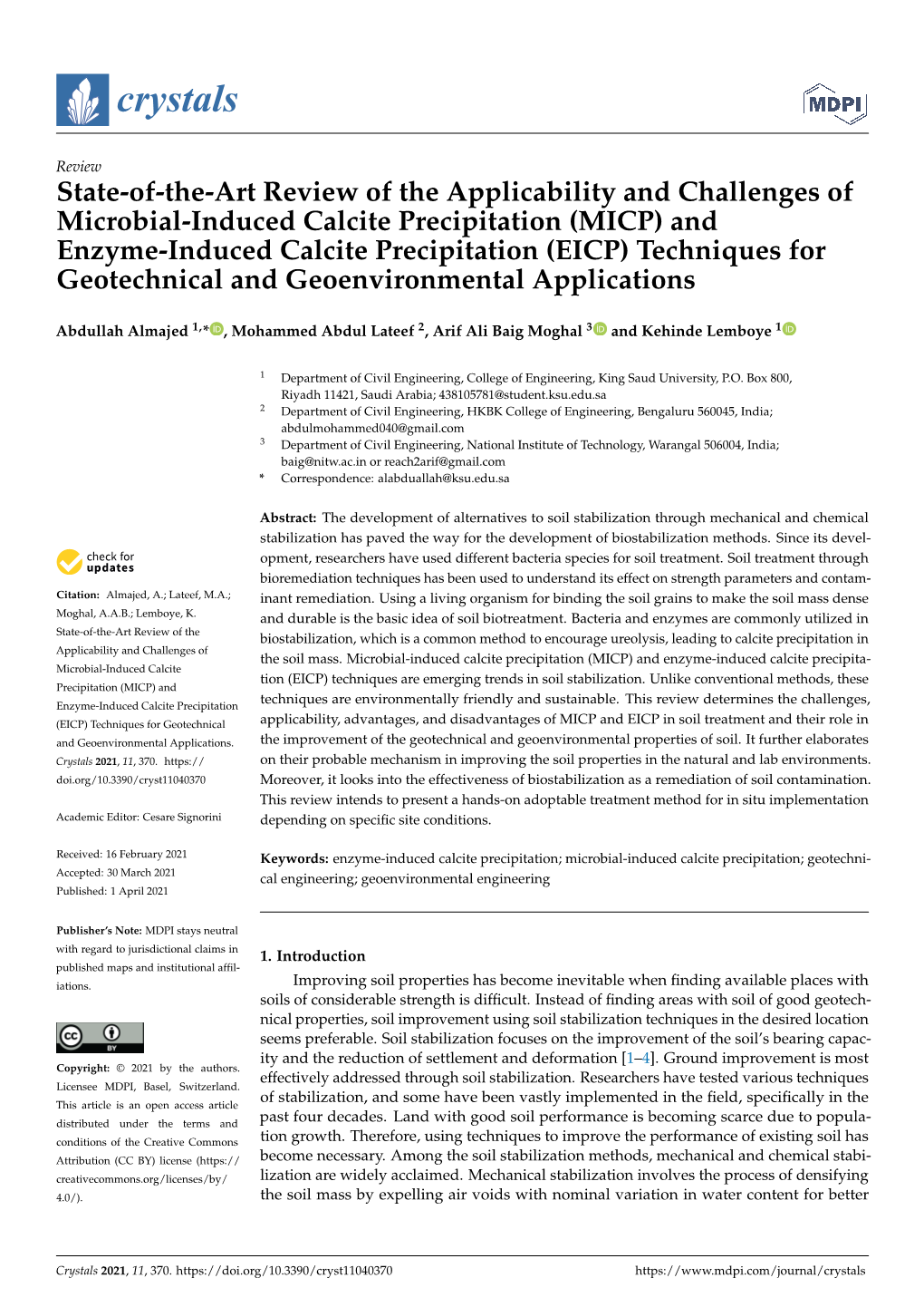 (MICP) and Enzyme-Induced Calcite Precipitation (EICP) Techniques for Geotechnical and Geoenvironmental Applications