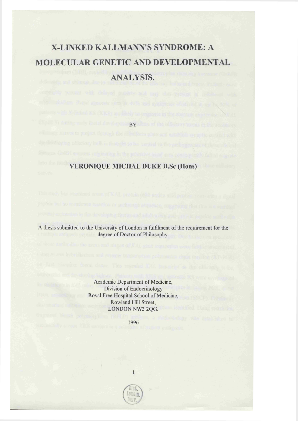 X-Linked Kallman's Syndrome: a Molecular Genetic And