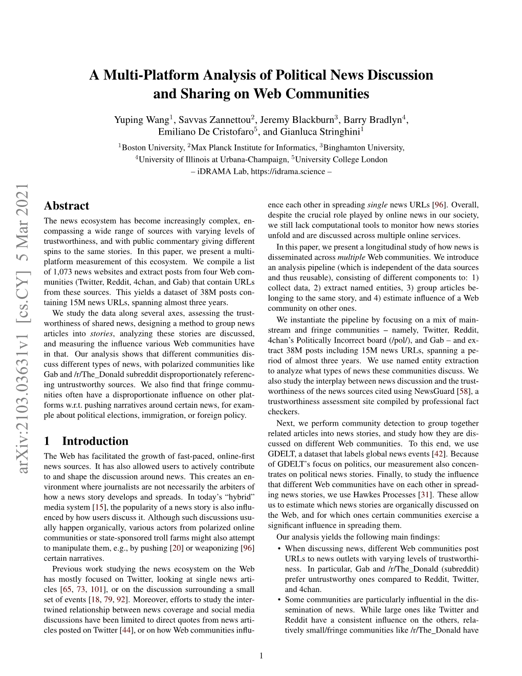 A Multi-Platform Analysis of Political News Discussion and Sharing on Web Communities