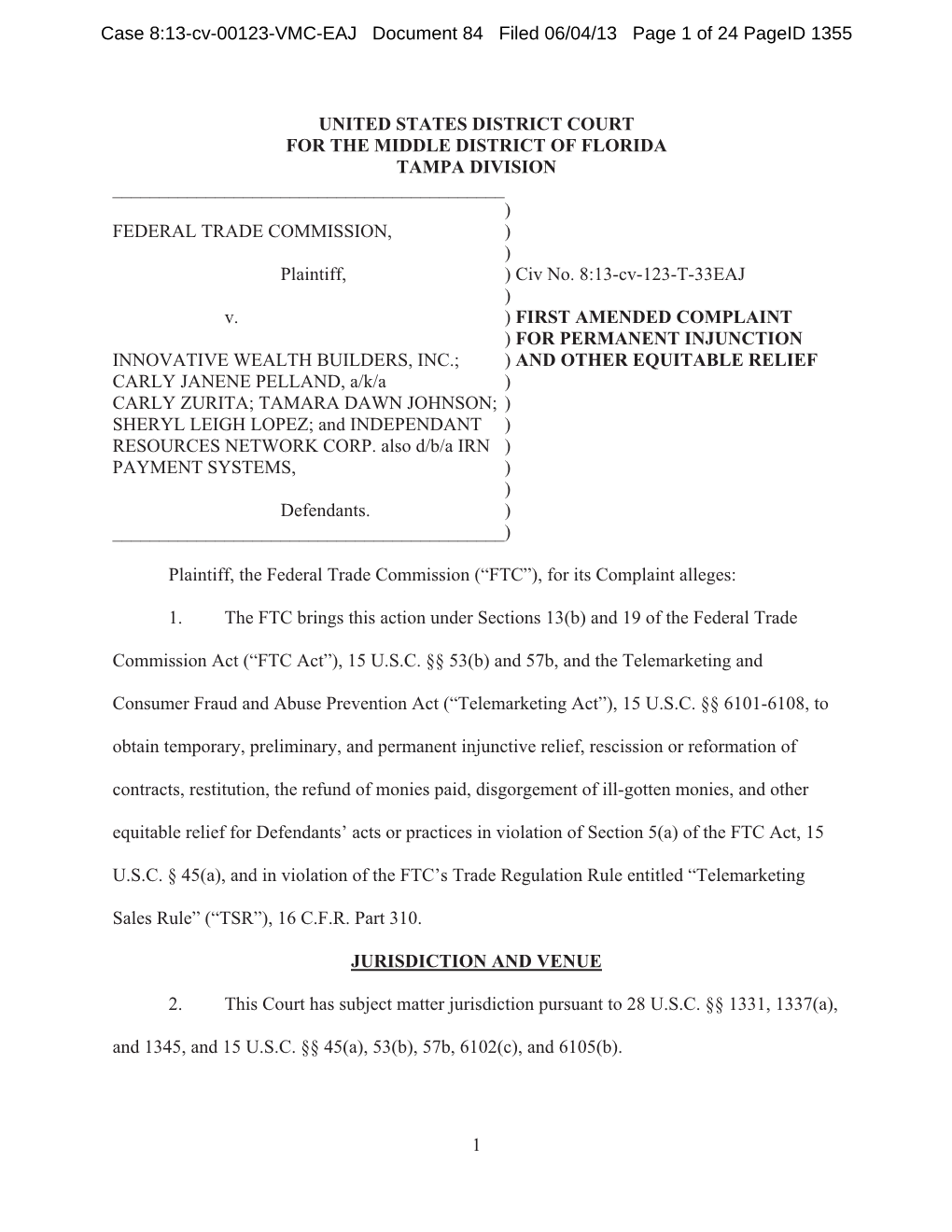 First Amended Complaint for Permanent Injunction and Other