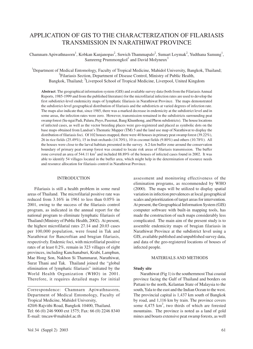 Application of Gis to the Characterization of Filariasis Transmission in Narathiwat Province