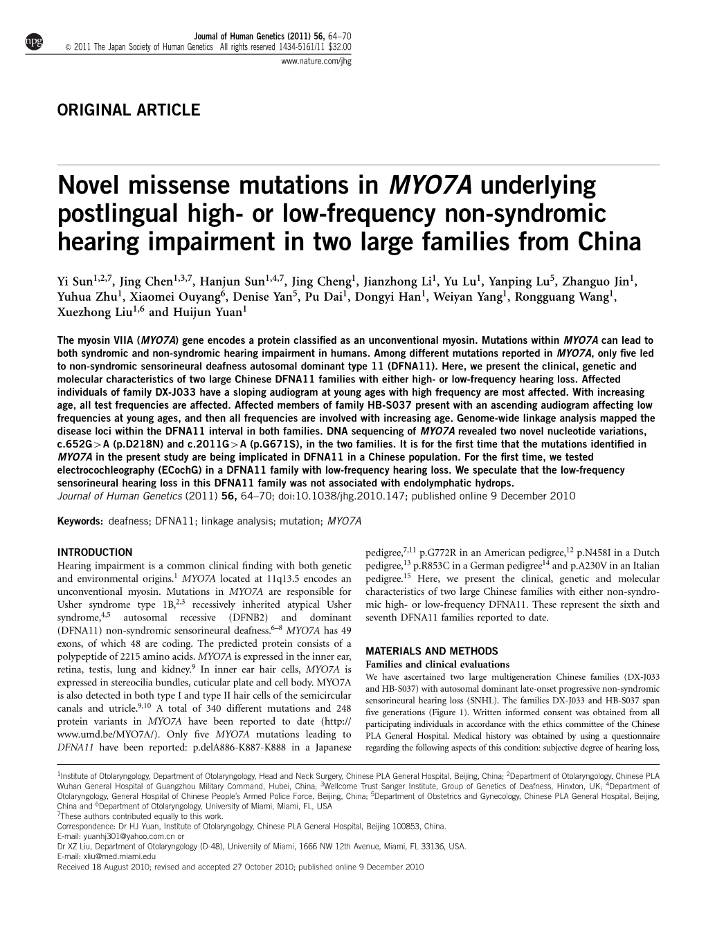 Novel Missense Mutations in MYO7A Underlying Postlingual High- Or Low-Frequency Non-Syndromic Hearing Impairment in Two Large Families from China