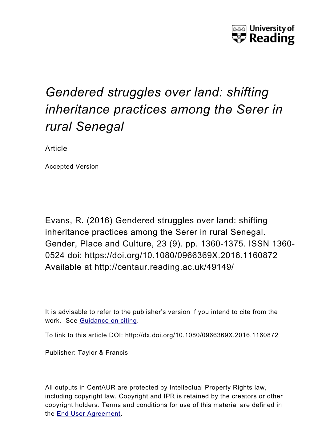 Gendered Struggles Over Land: Shifting Inheritance Practices Among the Serer in Rural Senegal