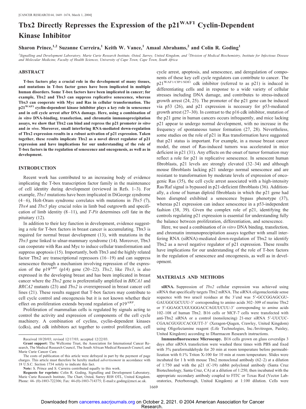 Tbx2 Directly Represses the Expression of the P21waf1 Cyclin-Dependent Kinase Inhibitor