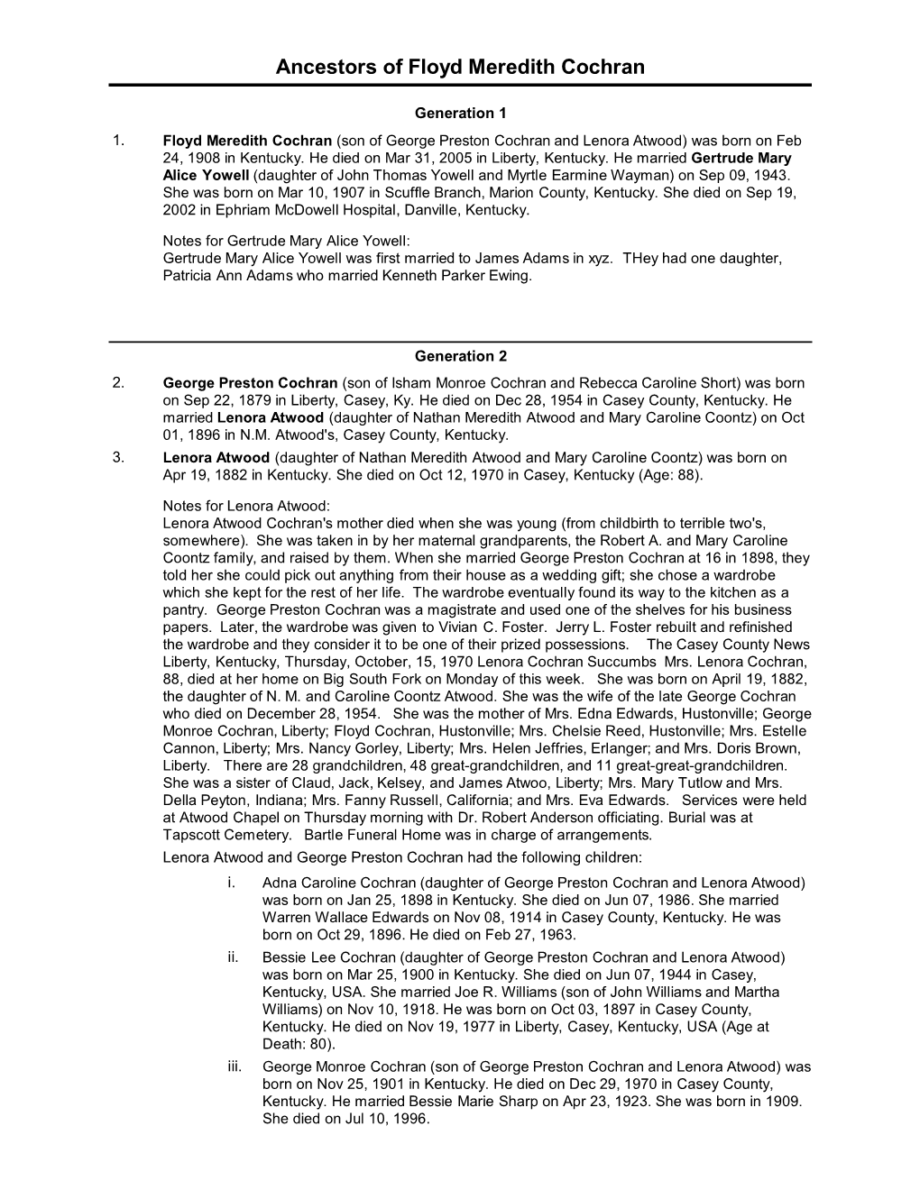 Ancestors of Floyd Meredith Cochran