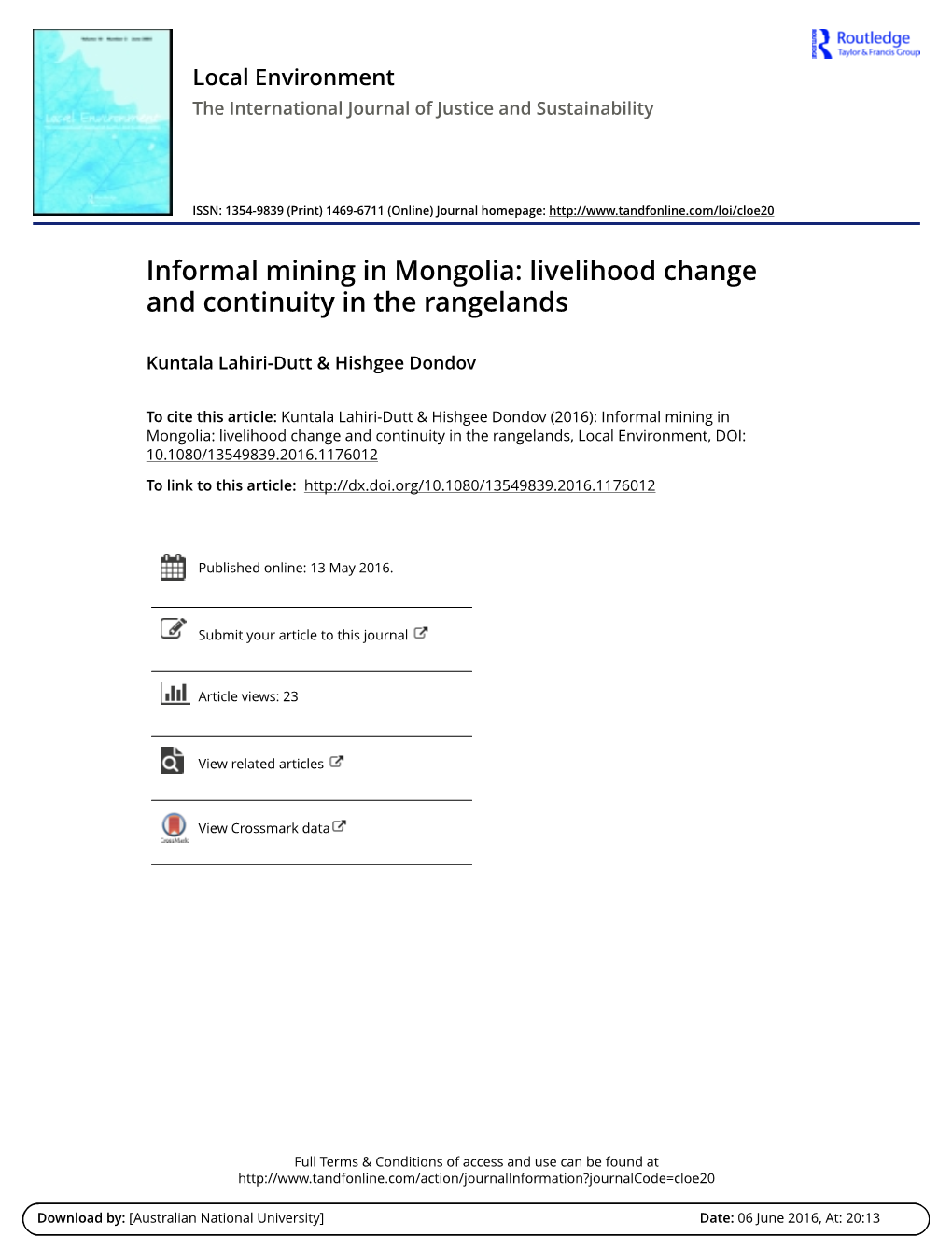 Informal Mining in Mongolia: Livelihood Change and Continuity in the Rangelands