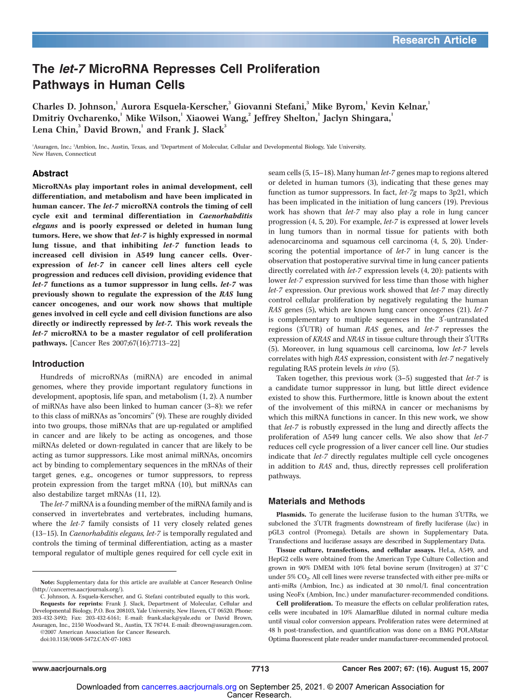 The Let-7 Microrna Represses Cell Proliferation Pathways in Human Cells