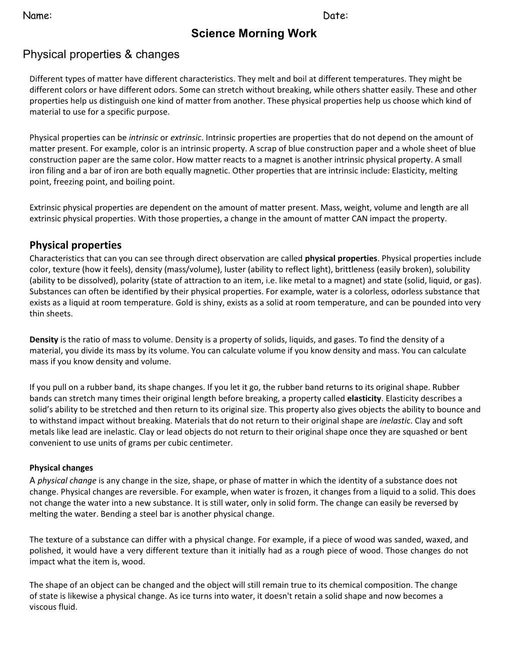 Science Morning Work Physical Properties & Changes