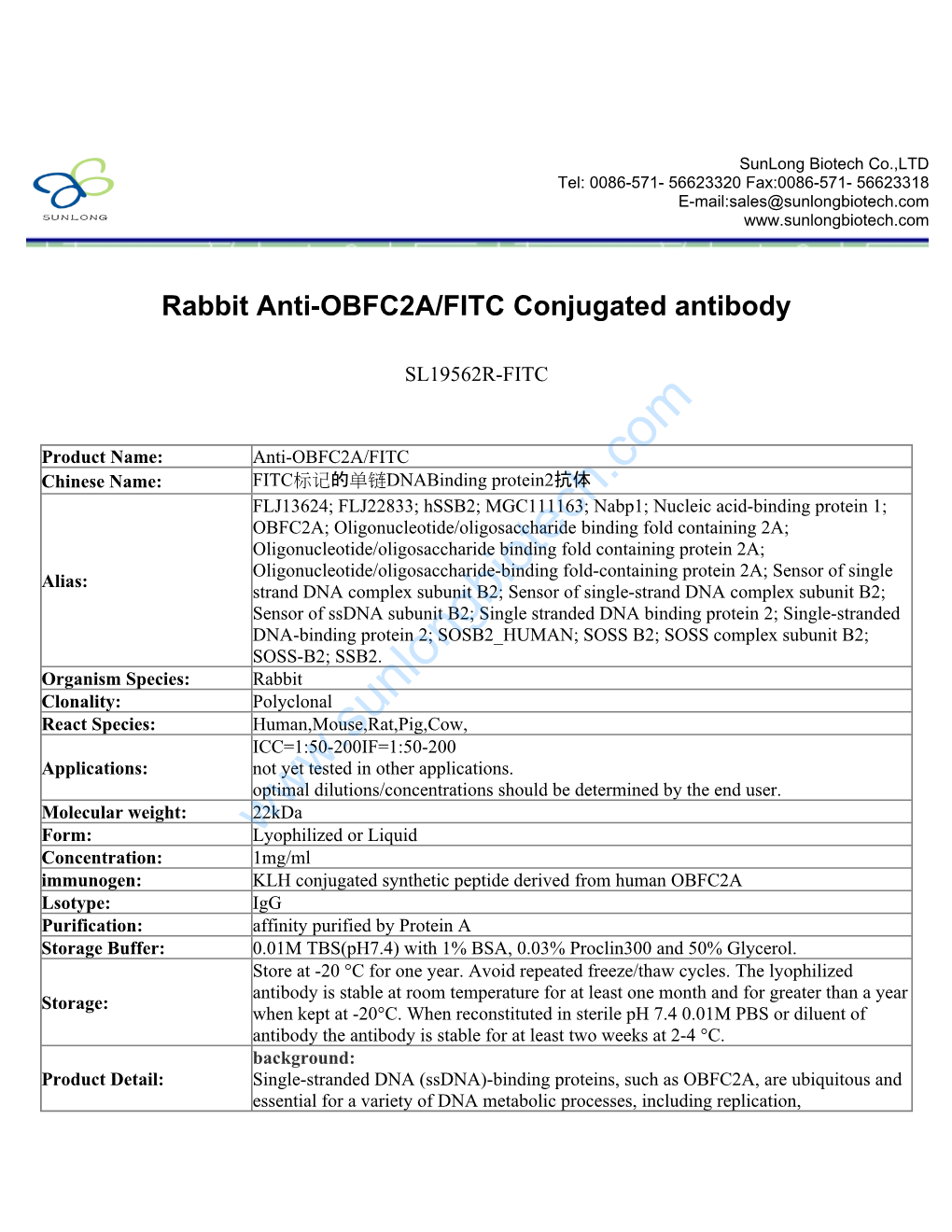 Rabbit Anti-OBFC2A/FITC Conjugated Antibody-SL19562R-FITC