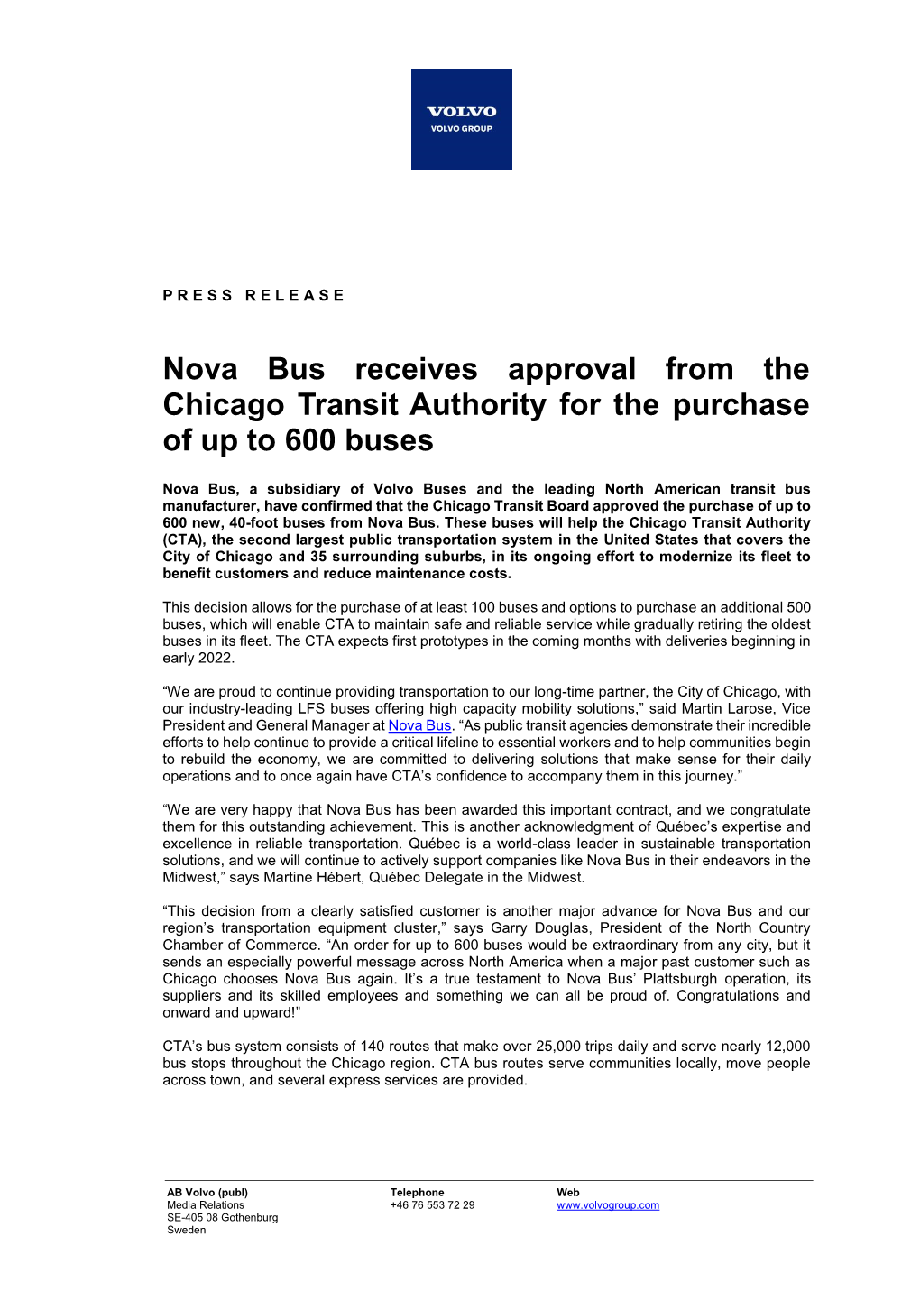 Nova Bus Receives Approval from the Chicago Transit Authority for the Purchase of up to 600 Buses