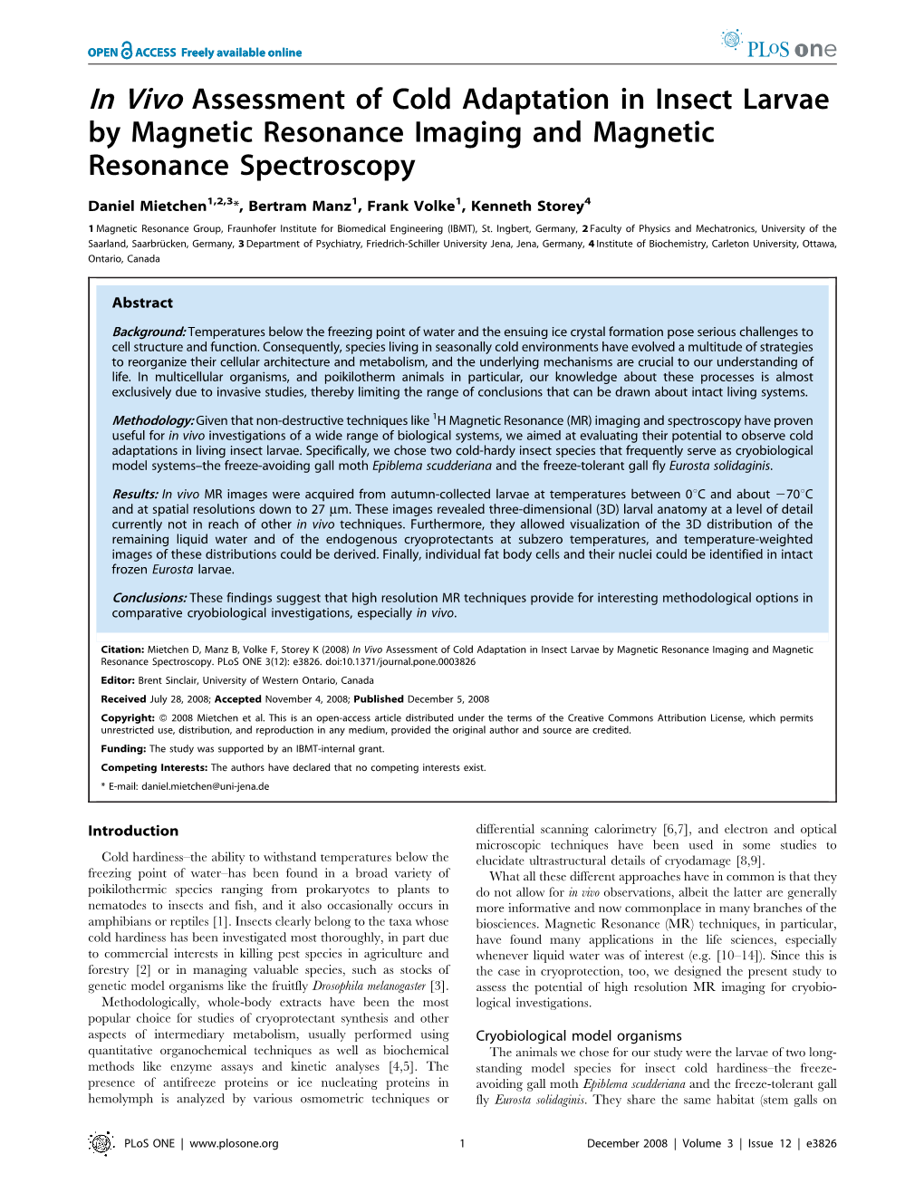 In Vivo Assessment of Cold Adaptation in Insect Larvae by Magnetic Resonance Imaging and Magnetic Resonance Spectroscopy