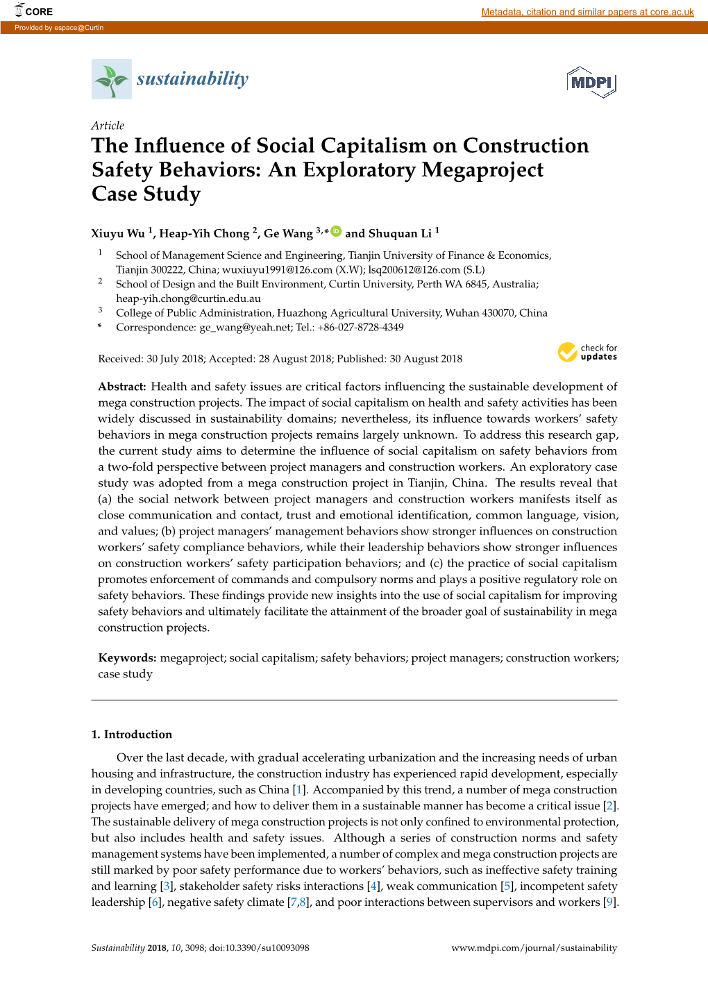 The Influence of Social Capitalism on Construction Safety Behaviors: an Exploratory Megaproject Case Study