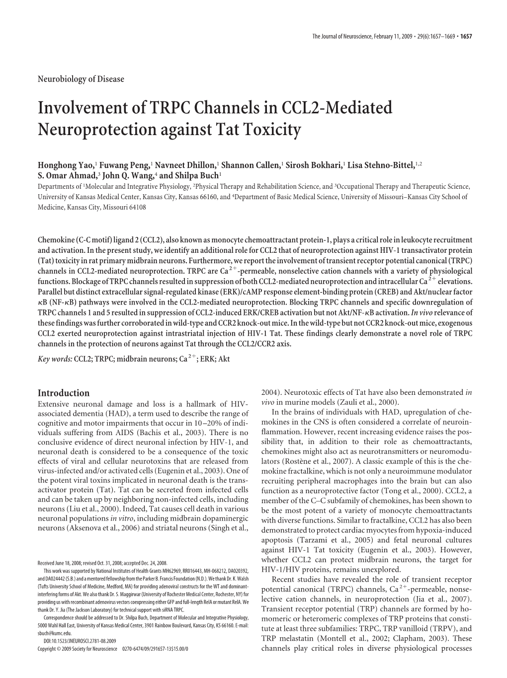 Involvement of TRPC Channels in CCL2-Mediated Neuroprotection Against Tat Toxicity