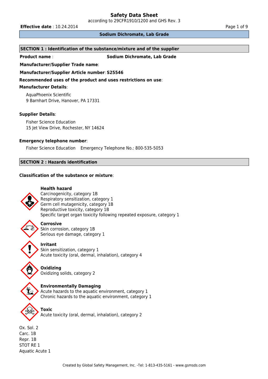 Safety Data Sheet According to 29CFR1910/1200 and GHS Rev