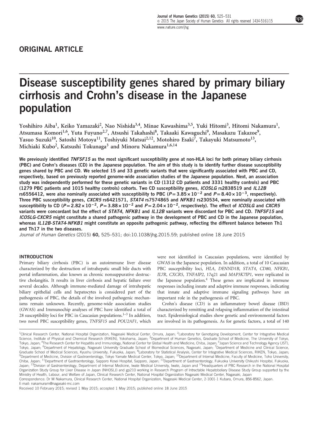 Disease Susceptibility Genes Shared by Primary Biliary Cirrhosis and Crohn’S Disease in the Japanese Population