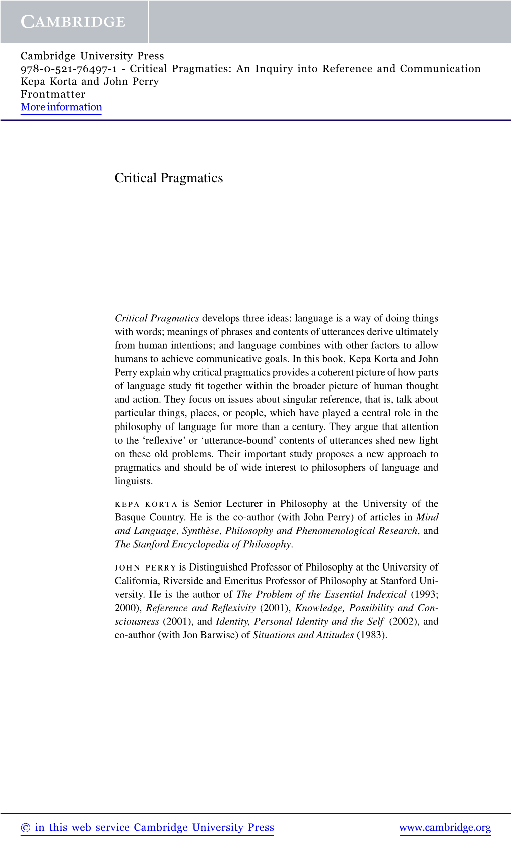 Critical Pragmatics: an Inquiry Into Reference and Communication Kepa Korta and John Perry Frontmatter More Information