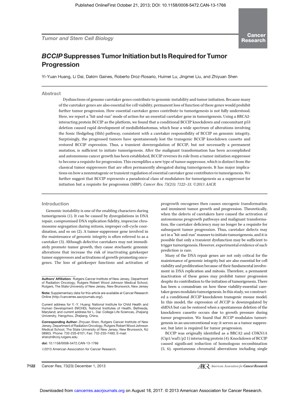 Bccipsuppresses Tumor Initiation but Is Required for Tumor Progression