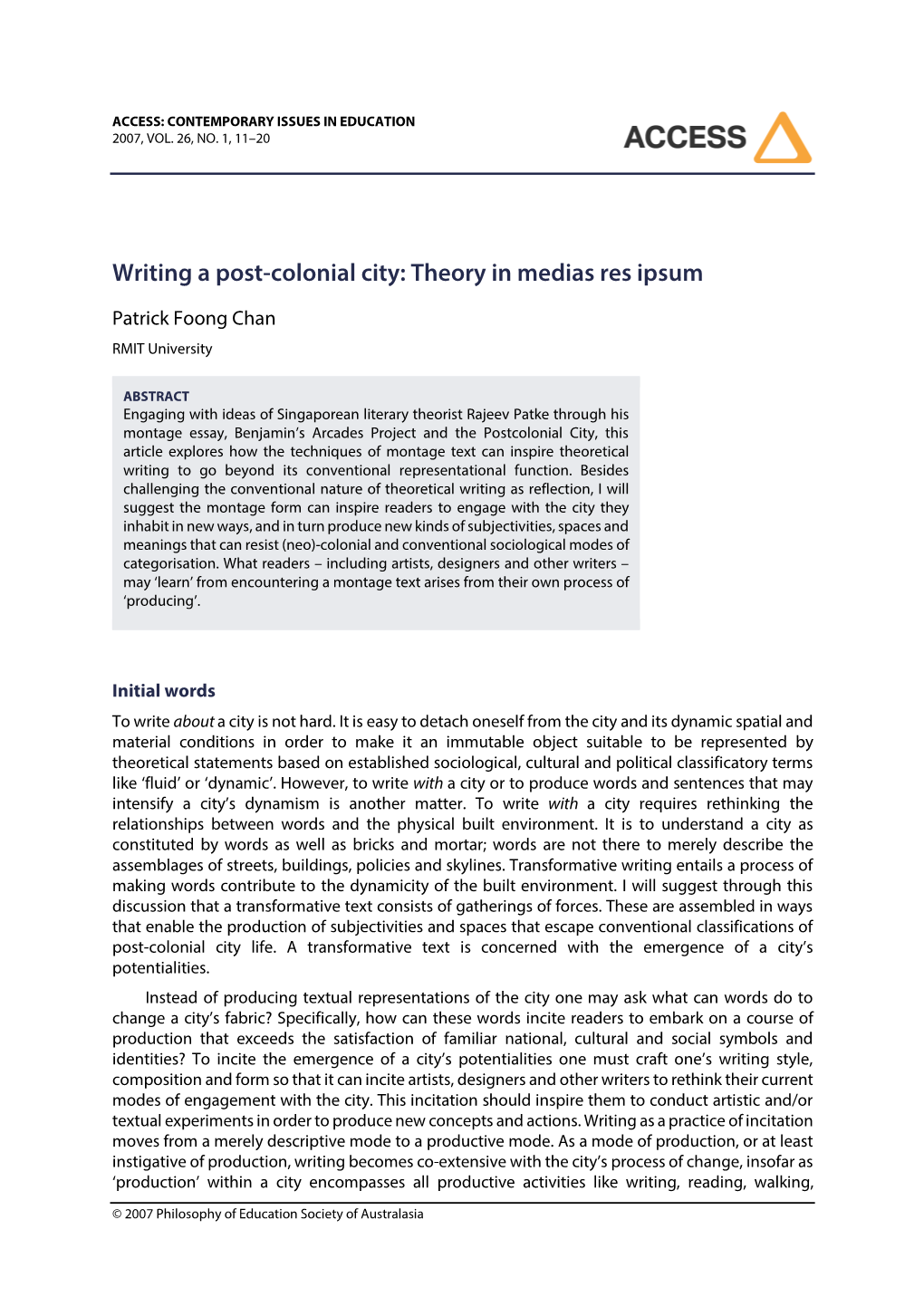 Writing a Post-Colonial City: Theory in Medias Res Ipsum