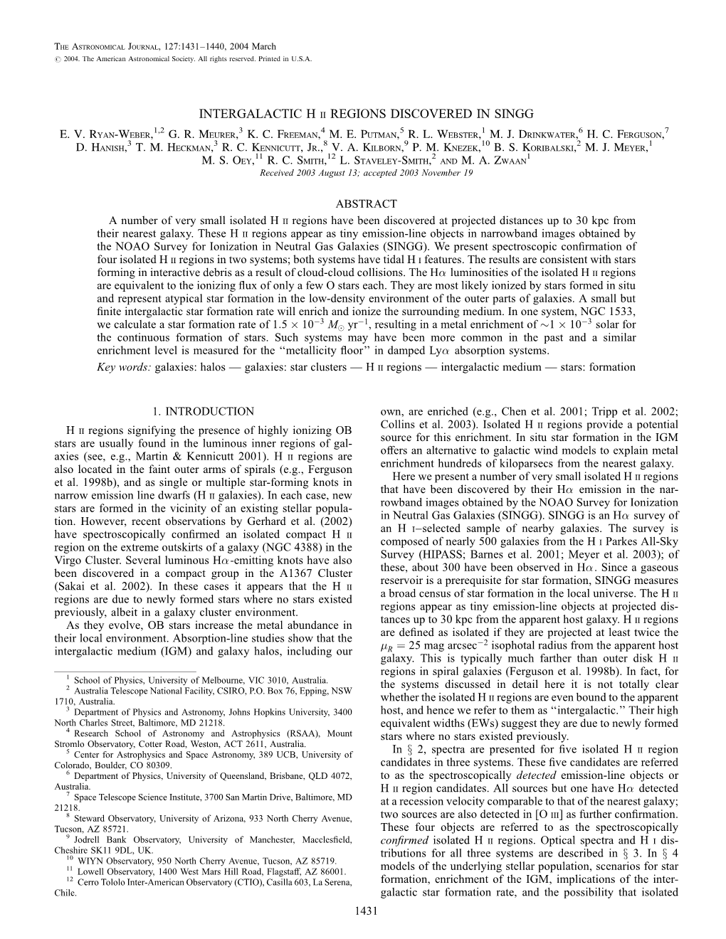 INTERGALACTIC H Ii REGIONS DISCOVERED in SINGG E