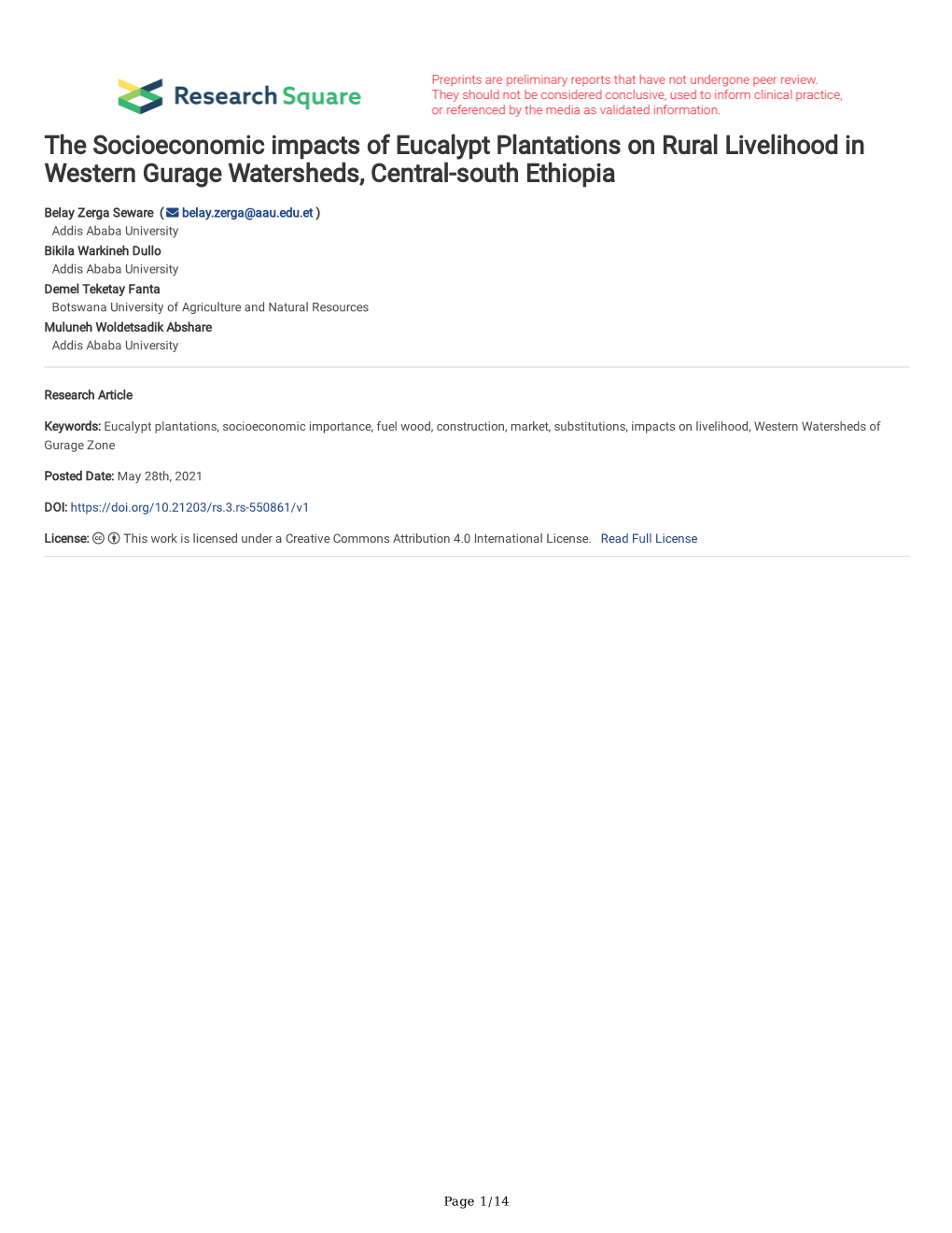 The Socioeconomic Impacts of Eucalypt Plantations on Rural Livelihood in Western Gurage Watersheds, Central-South Ethiopia