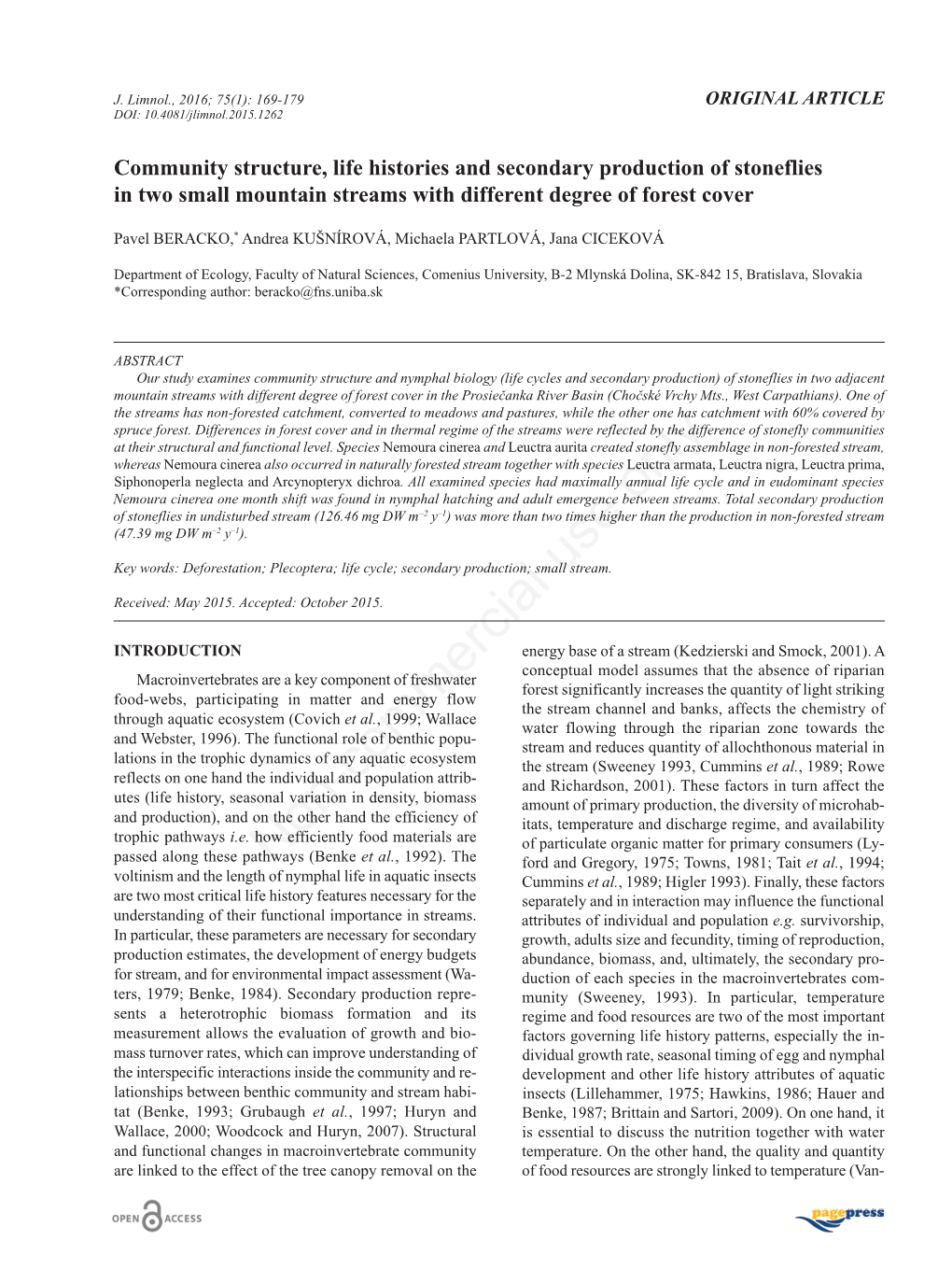 Community Structure, Life Histories and Secondary Production of Stoneflies in Two Small Mountain Streams with Different Degree of Forest Cover