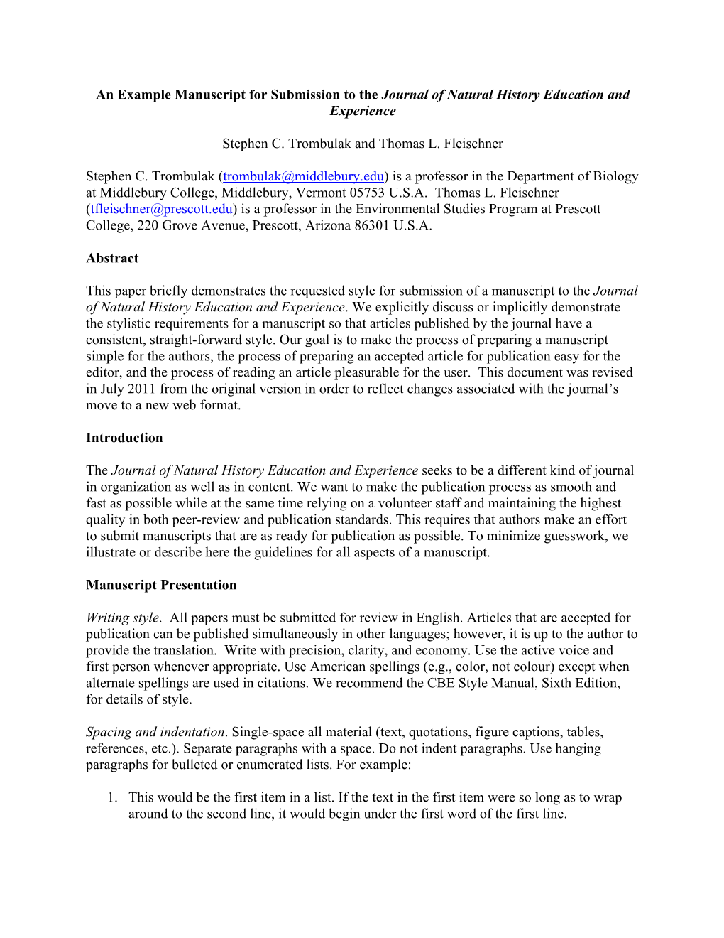 Example Manuscript for Submission to the Journal of Natural History Education and Experience