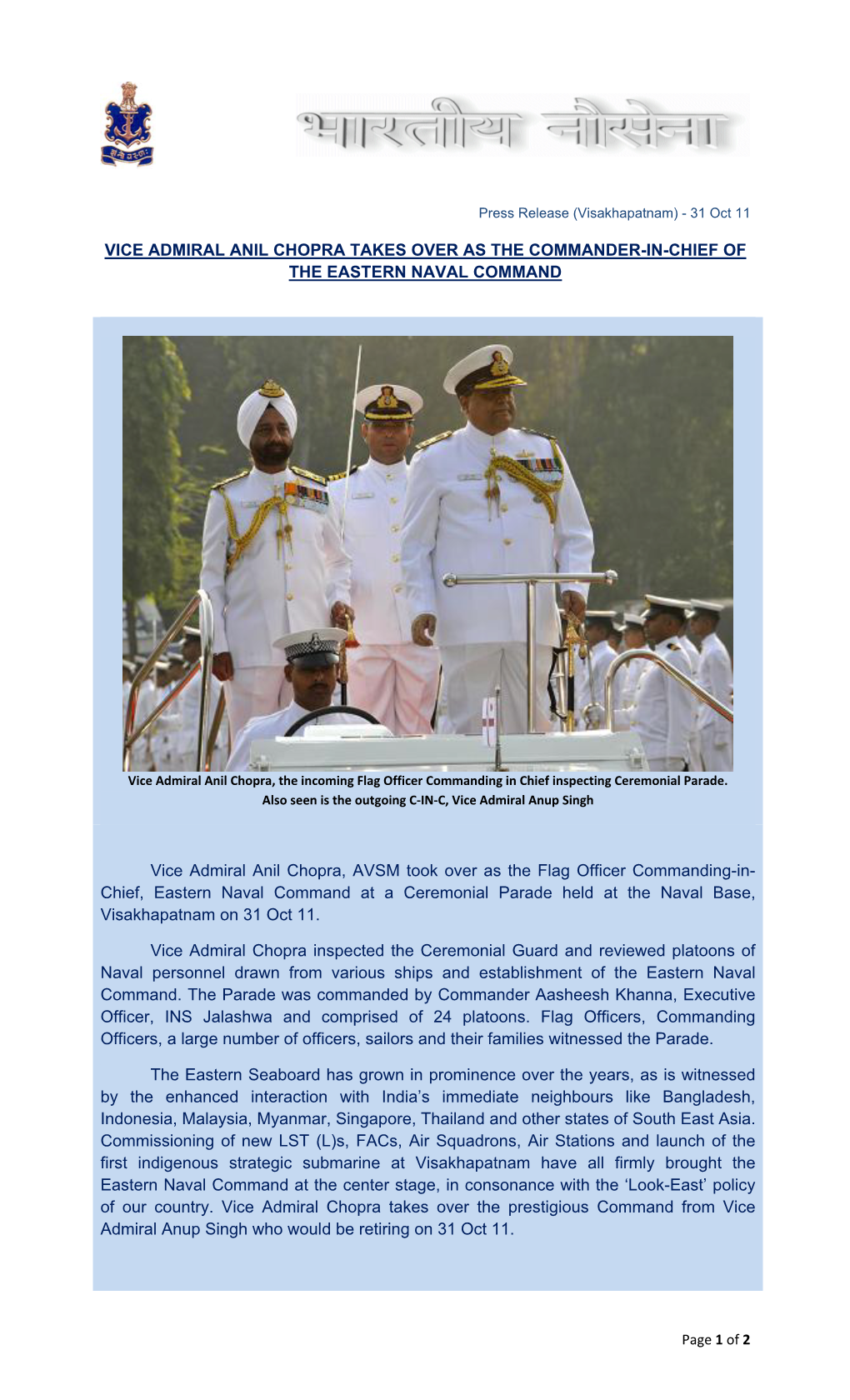 Vice Admiral Anil Chopra Takes Over As the Commander-In-Chief of the Eastern Naval Command