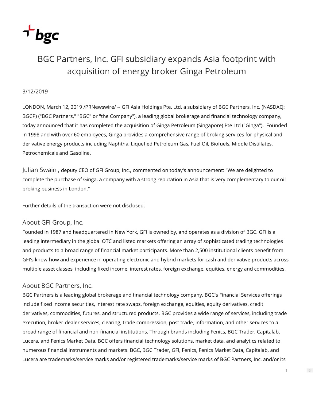 BGC Partners, Inc. GFI Subsidiary Expands Asia Footprint with Acquisition of Energy Broker Ginga Petroleum