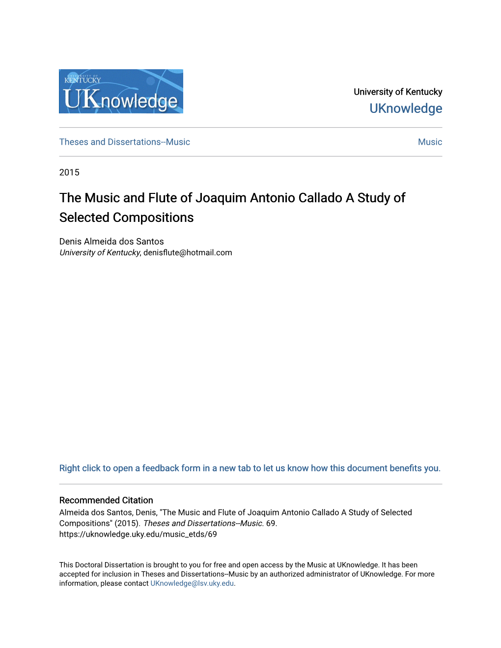 The Music and Flute of Joaquim Antonio Callado a Study of Selected Compositions