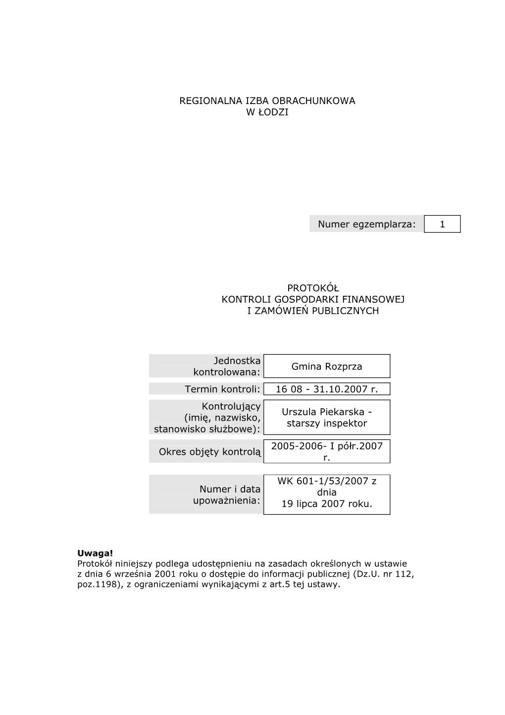 1 Protokół Kontroli Gospodarki Finansowej I